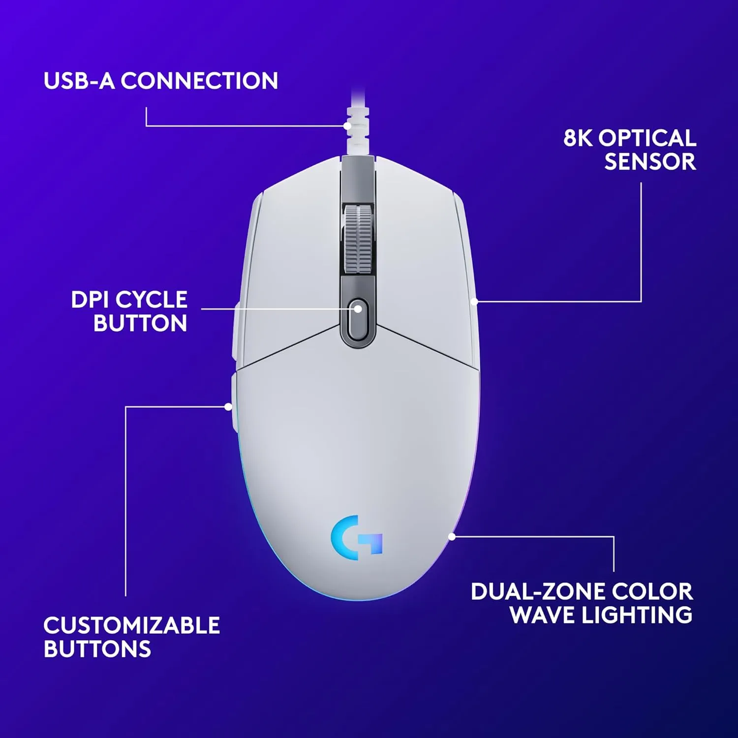 Logitech USB Gaming Mouse RGB Light Sync 6 Button G203 (White) view 4